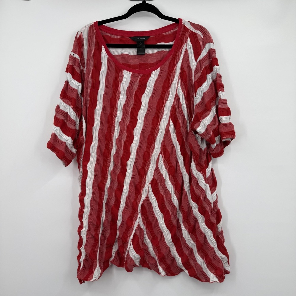Ali Miles Tunic Top Shirt Womens 3X Red White Striped 3/4 Sleeve Lightweight